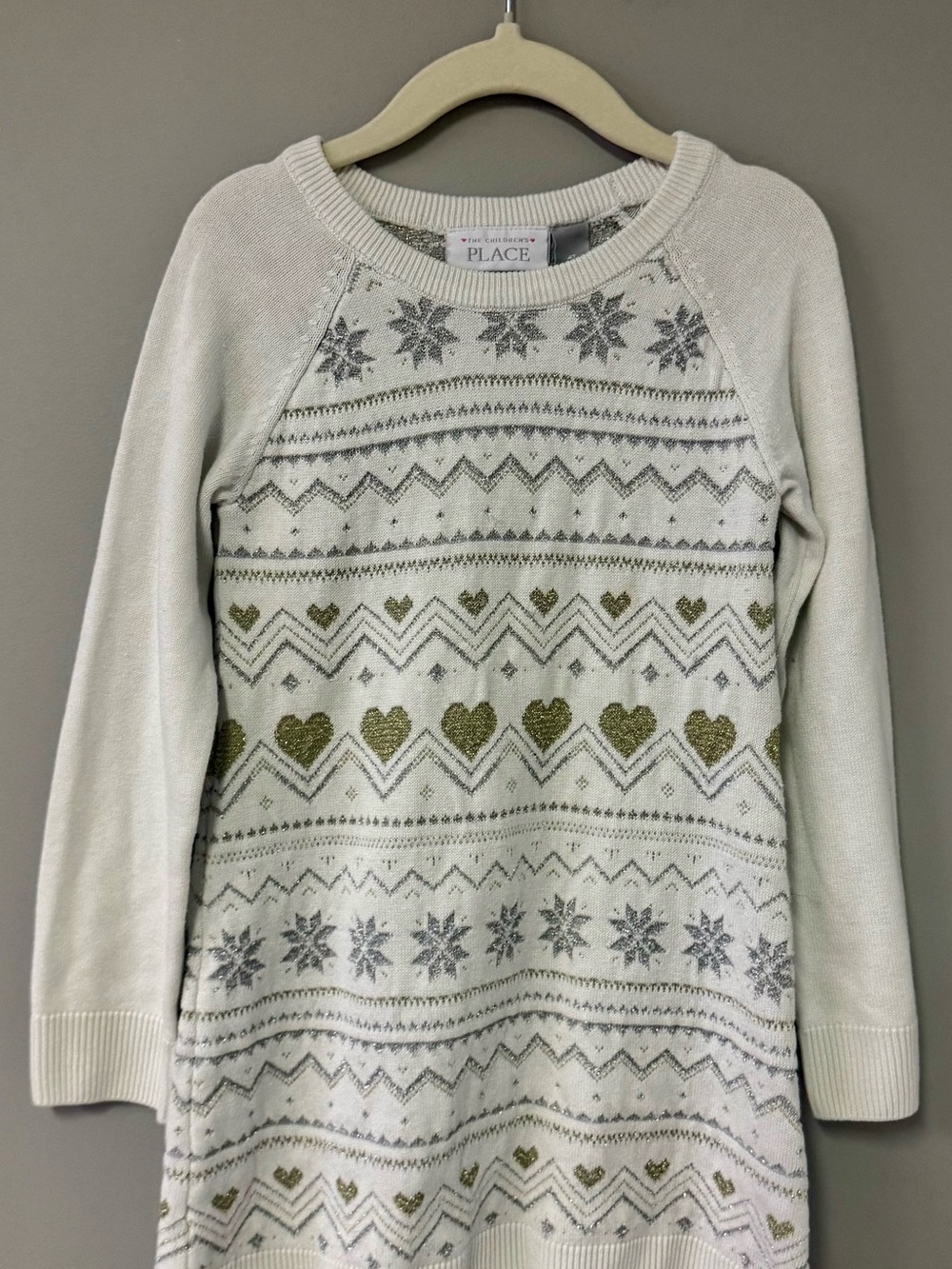 The CHILDRENS PLACE Cream Knit Holiday Sweater Dress with Gold Hearts